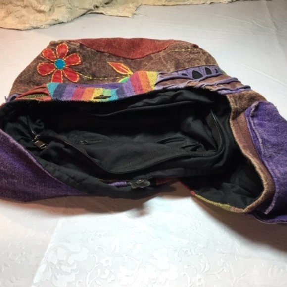 Lg PEACE Floral Multi-Colored HOBO Cotton Hippie Shoulder Bag From Nepal - Picture 4 of 6
